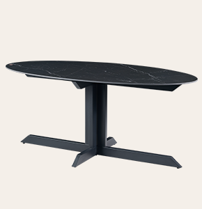 Kara Modern Stone Dining Table - Round Sintered Stone Top with Metal Base for Dark Theme Dining Rooms