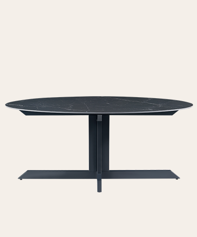 Kara Modern Stone Dining Table – Round Sintered Stone Top with Metal Base for Dark Theme Dining Rooms