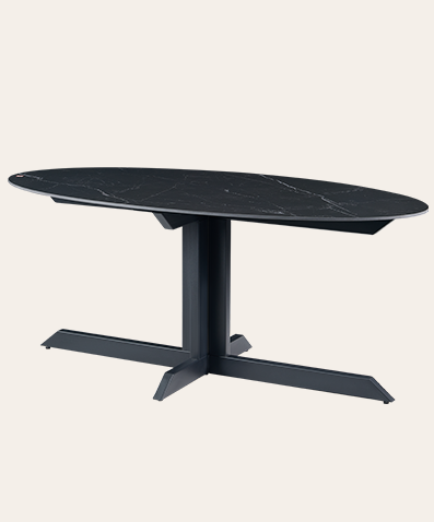 Kara Modern Stone Dining Table – Round Sintered Stone Top with Metal Base for Dark Theme Dining Rooms
