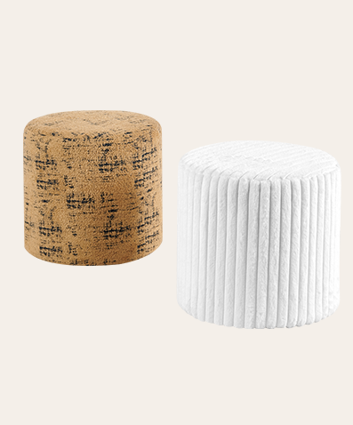 Round Fabric Upholstered Tate & Nuri Ottoman Stool for Living Room and Bedroom in Cream White & Brown
