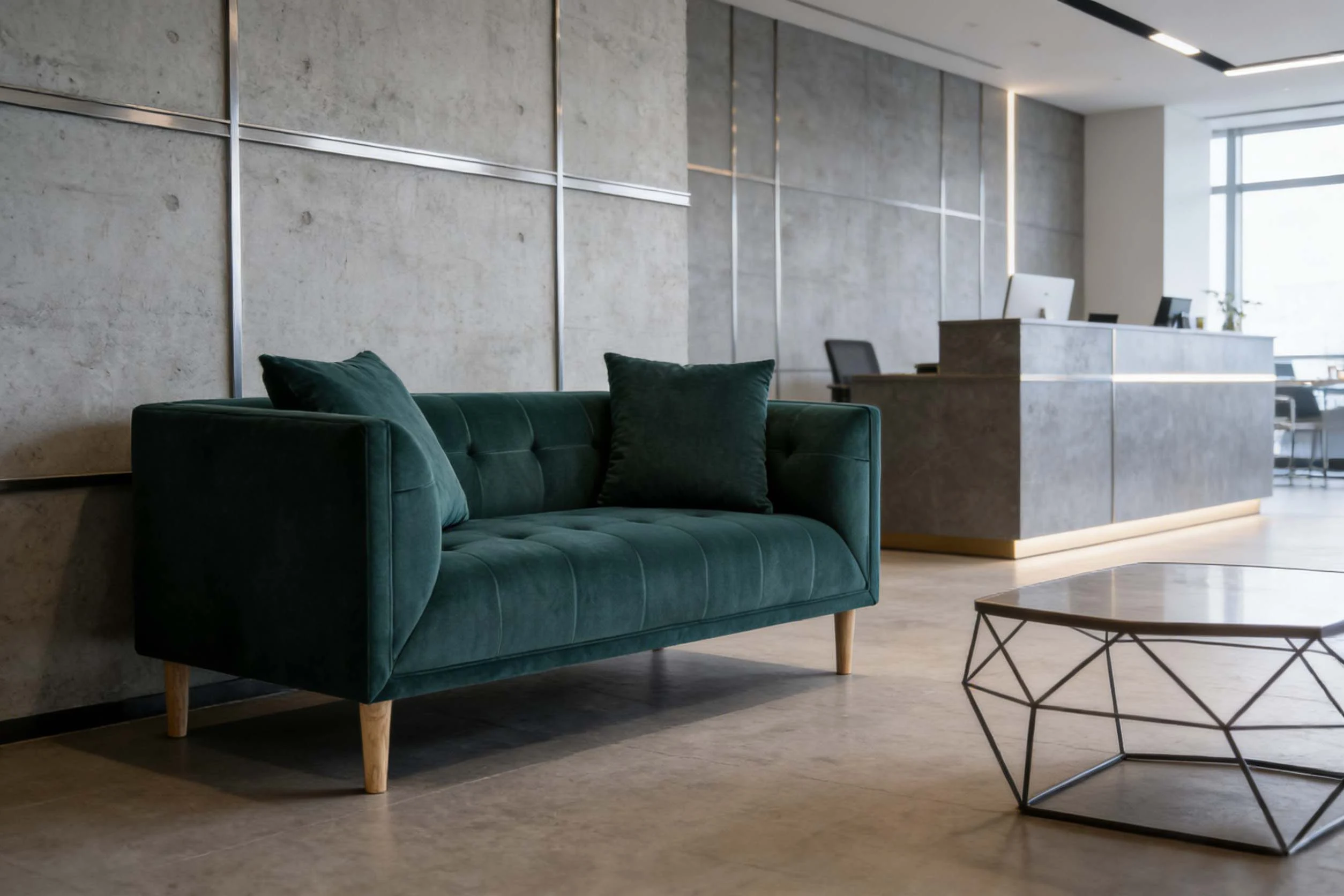 Modern office reception lounge with a dark green upholstered loveseat and two cushions.
