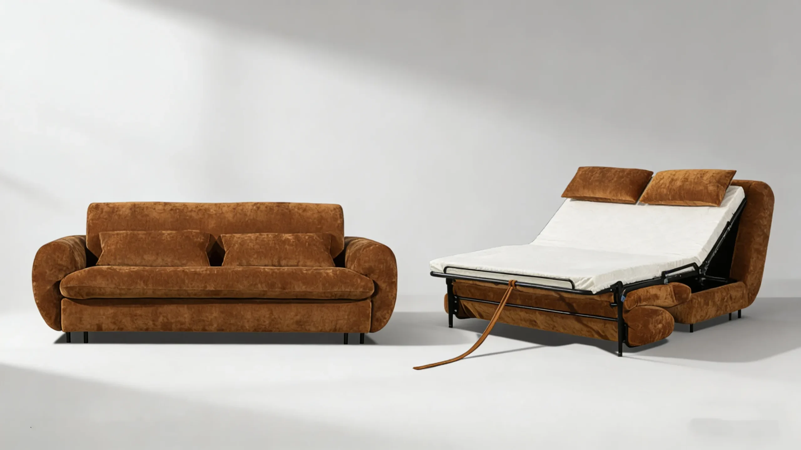 Brown velvet convertible KD sofa bed showing the easy-to-assemble metal frame mechanism