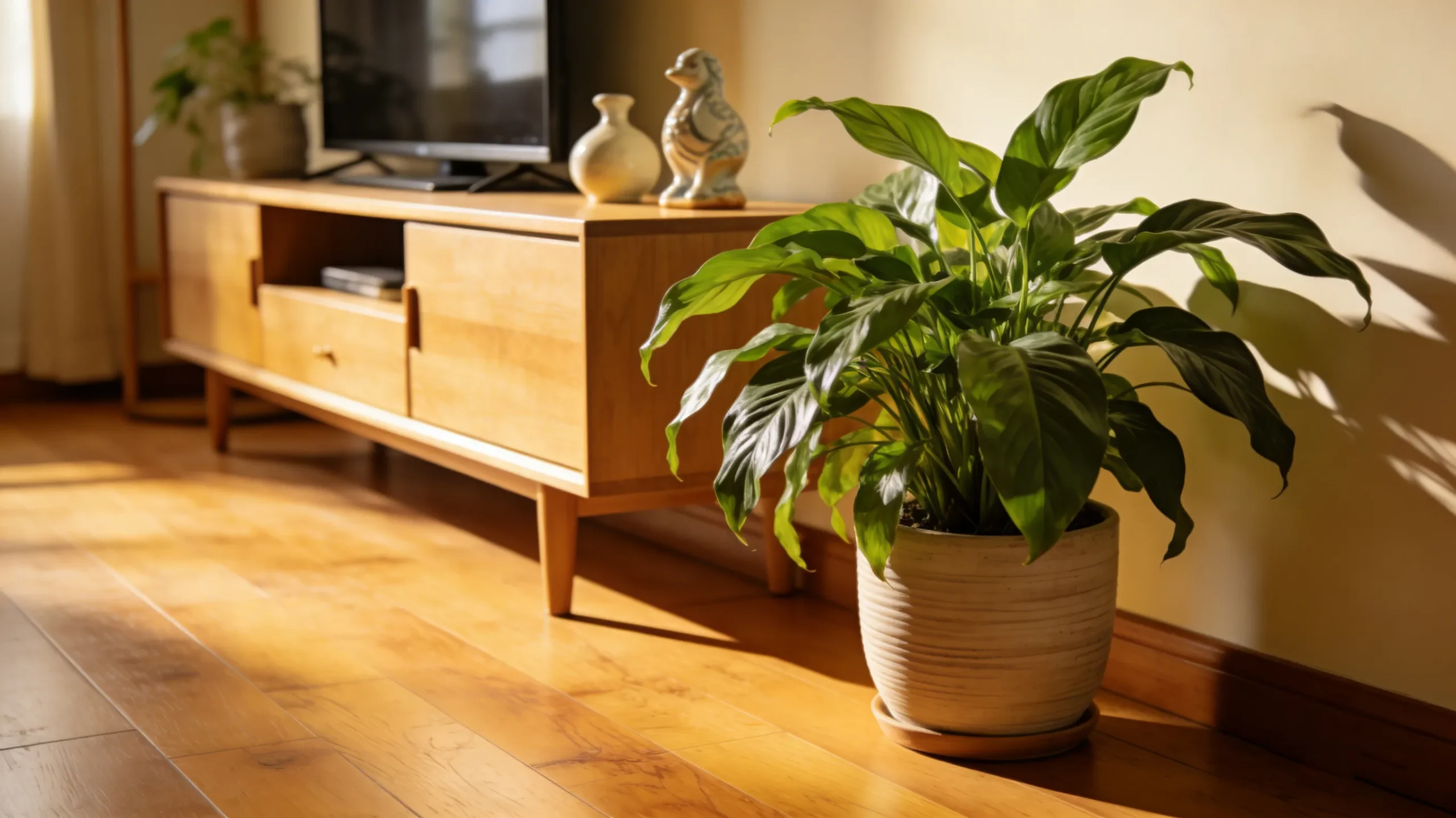 Oak-finish modular panel TV stand for student housing projects, featuring scratch-resistant surfaces